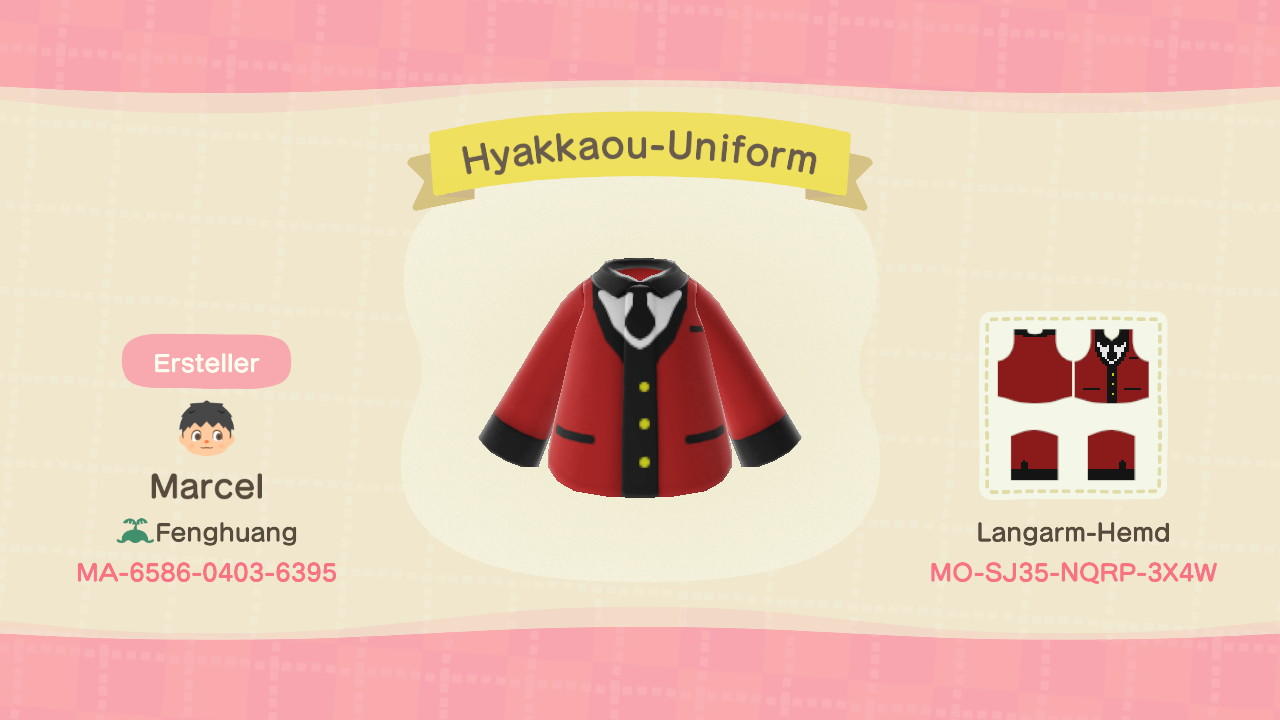 Animal Crossing Design Code: MO-SJ35-NQRP-3X4W Hyakkou Uniform