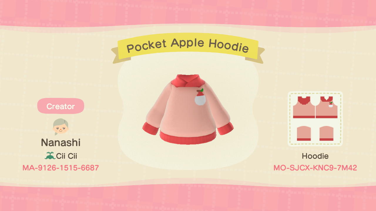 Animal Crossing Design Code: MO-SJCX-KNC9-7M42 Apple Pocket Hoodie