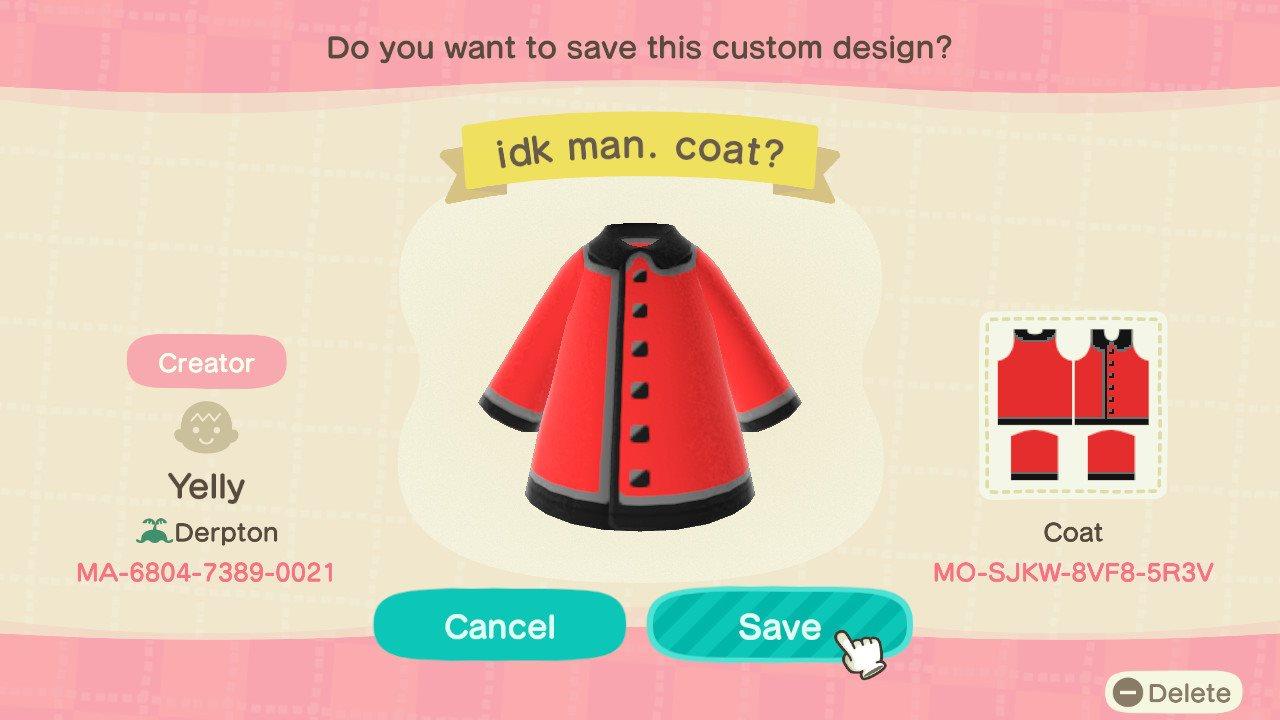 Animal Crossing Design Code: MO-SJKW-8VF8-5R3V idk man. coat?