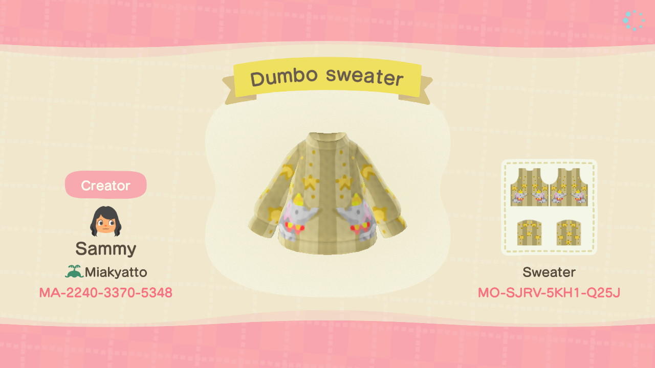 Animal Crossing Design Code: MO-SJRV-5KH1-Q25J Dumbo sweater