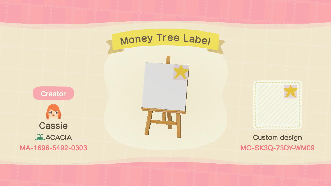 Animal Crossing Design Code: MO-SK3Q-73DY-WM09 Money Tree Label