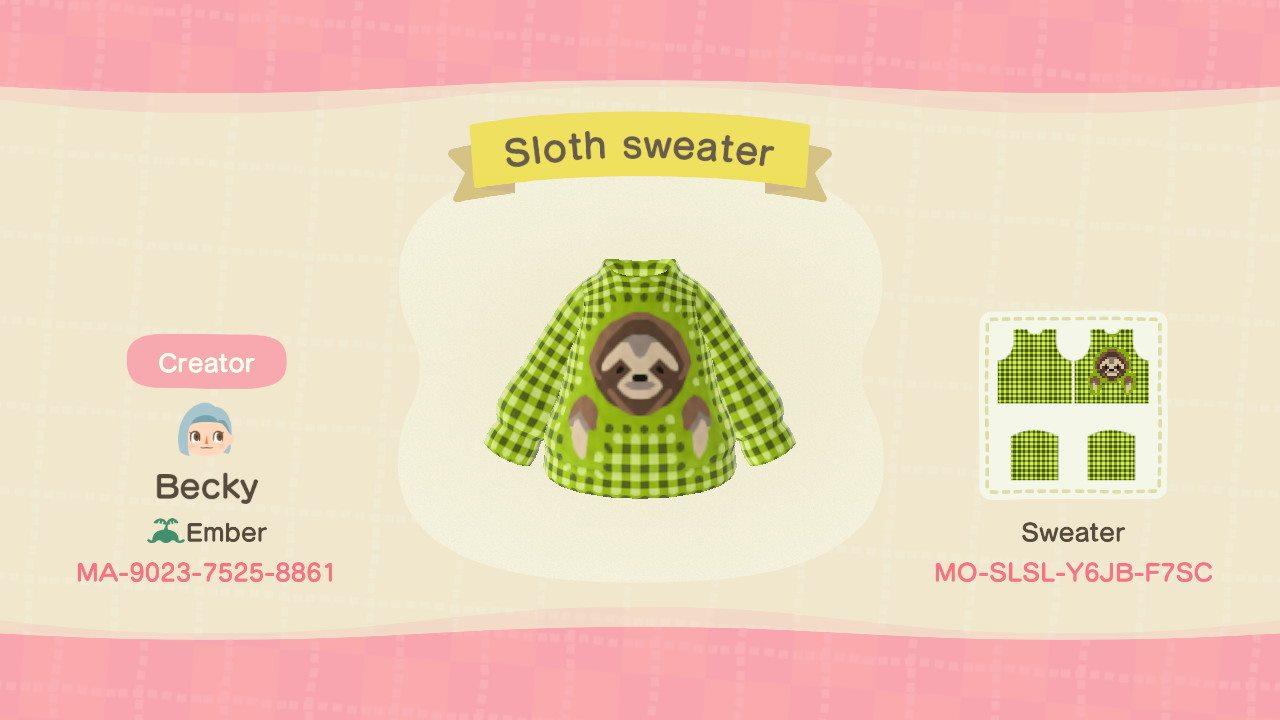 Animal Crossing Design Code: MO-SLSL-Y6JB-F7SC Sloth sweater