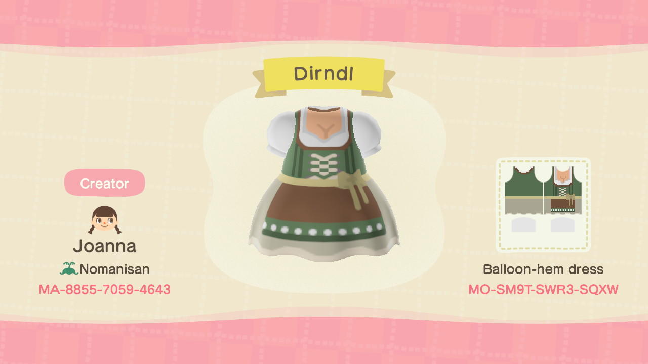 Animal Crossing Design Code: MO-SM9T-SWR3-SQXW Dirndl