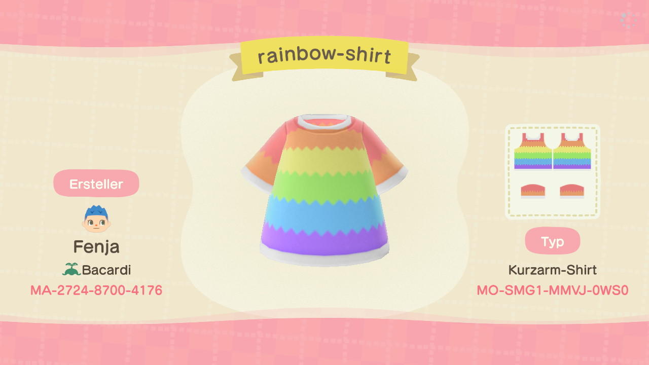 Animal Crossing Design Code: MO-SMG1-MMVJ-0WS0 Rainbow-Shirt