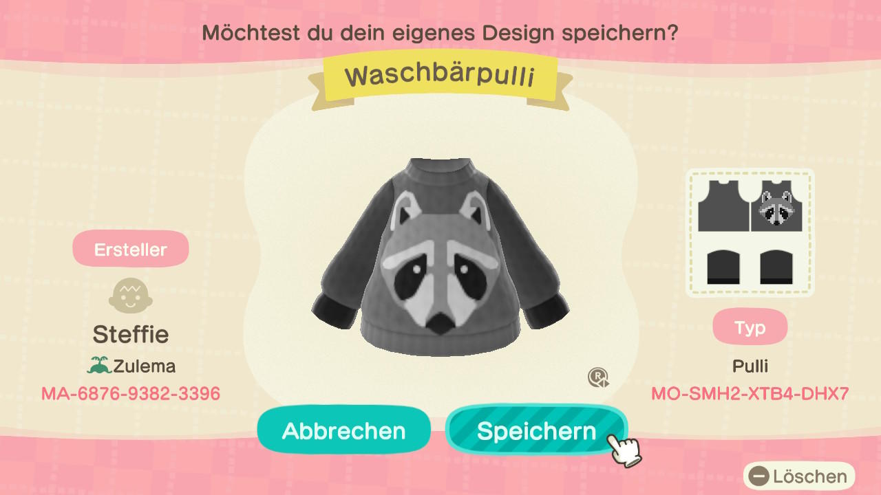 Animal Crossing Design Code: MO-SMH2-XTB4-DHX7 Waschbärpulli