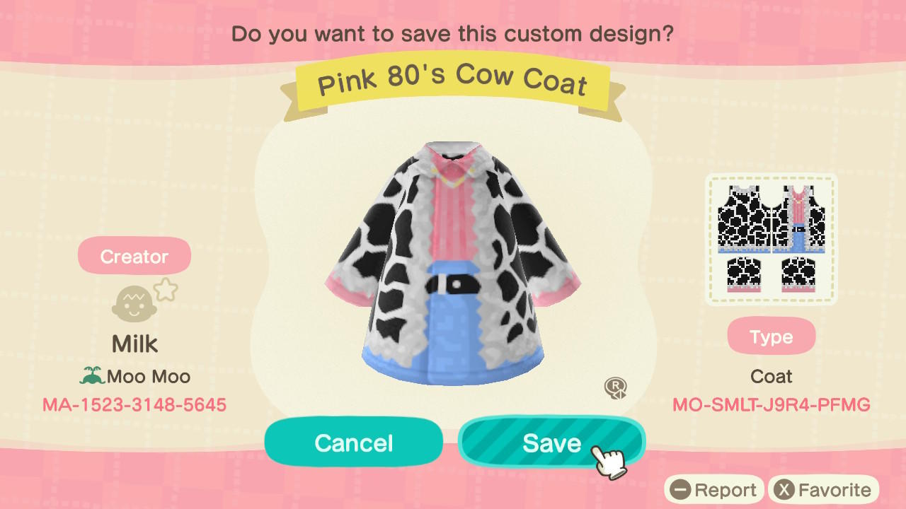 Animal Crossing Design Code: MO-SMLT-J9R4-PFMG Pink 80s Cow Coat