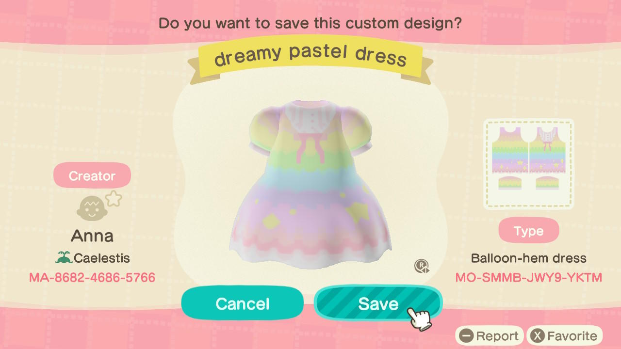 Animal Crossing Design Code: MO-SMMB-JWY9-YKTM dreamy pastel dress