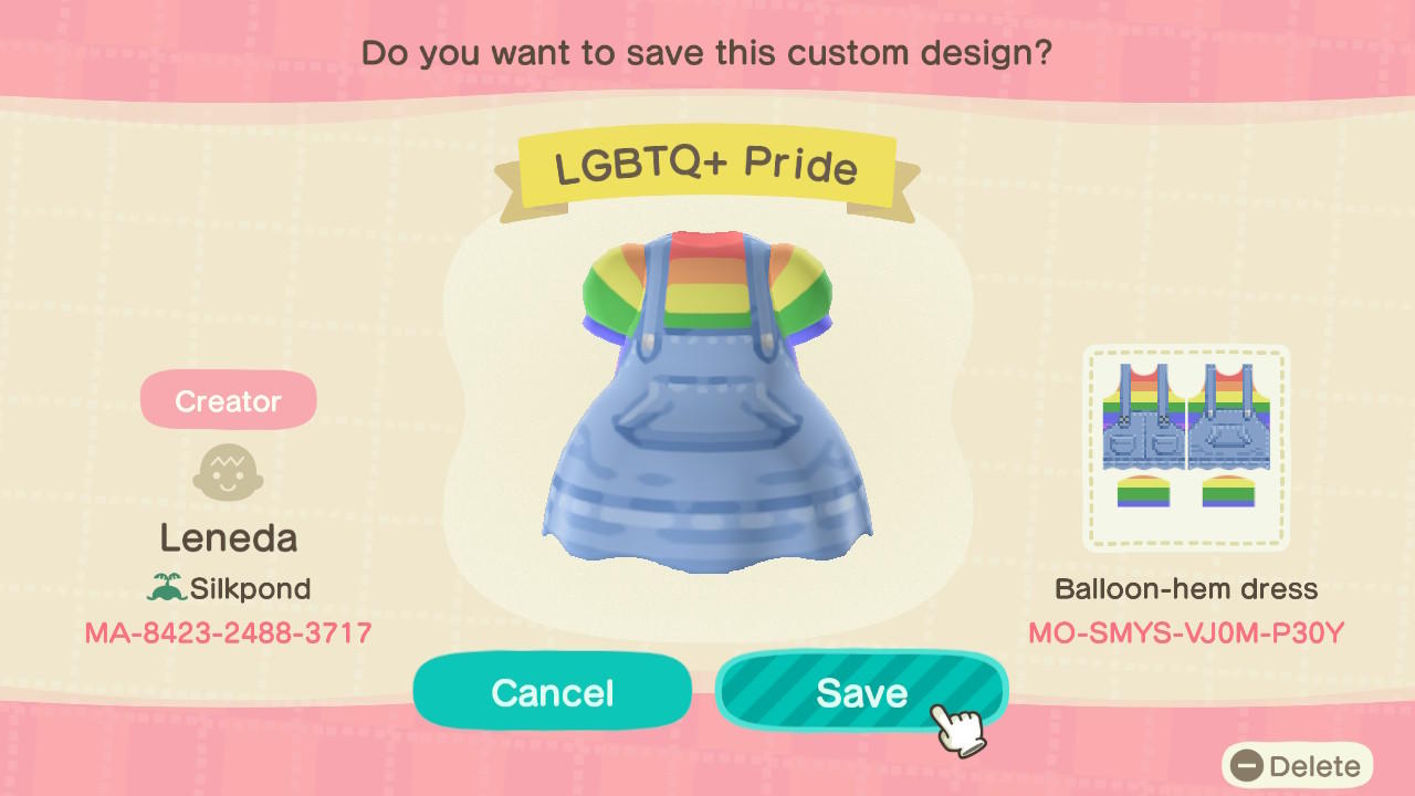 Animal Crossing Design Code: MO-SMYS-VJ0M-P30Y LGBT+ Pride Overalls