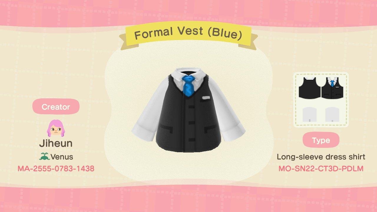 Animal Crossing Design Code: MO-SN22-CT3D-PDLM Formal Vest (Blue)