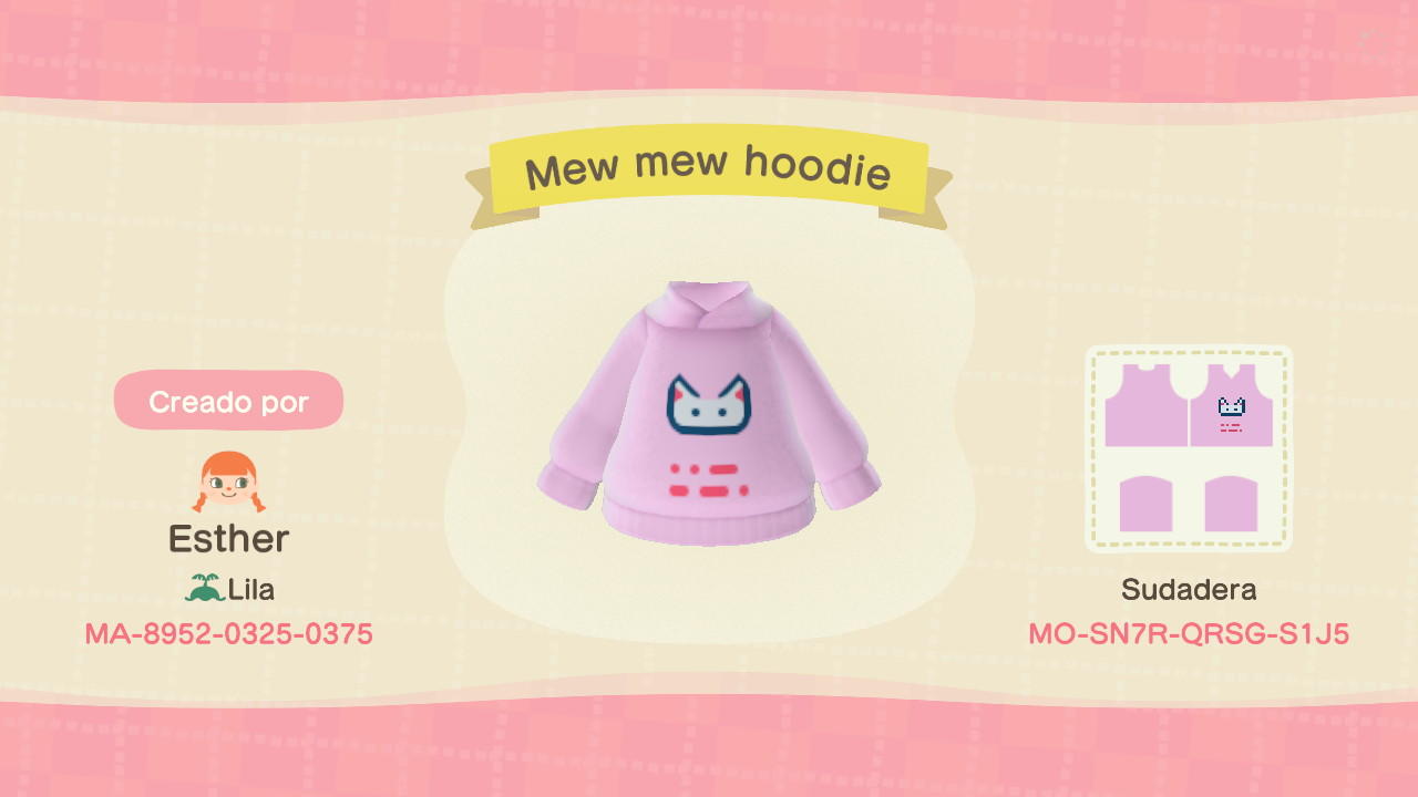 Animal Crossing Design Code: MO-SN7R-QRSG-S1J5 Mew Mew Hoodie