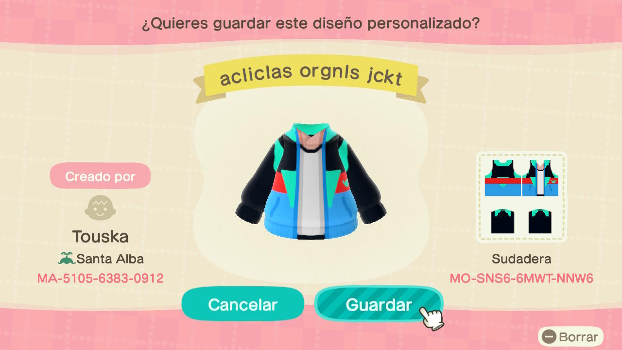 Animal Crossing Design Code: MO-SNS6-6MWT-NNW6 acliclas orgnls jckt