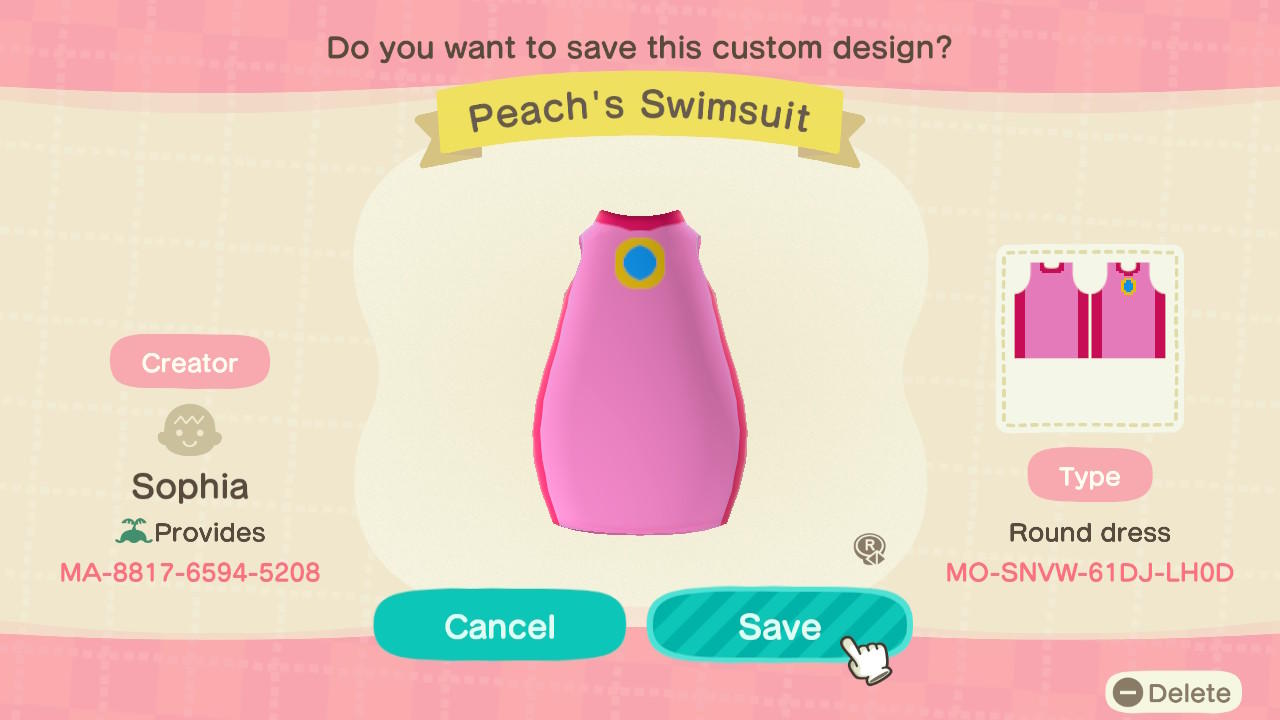 Animal Crossing Design Code: MO-SNVW-61DJ-LH0D Peach's Swimsuit
