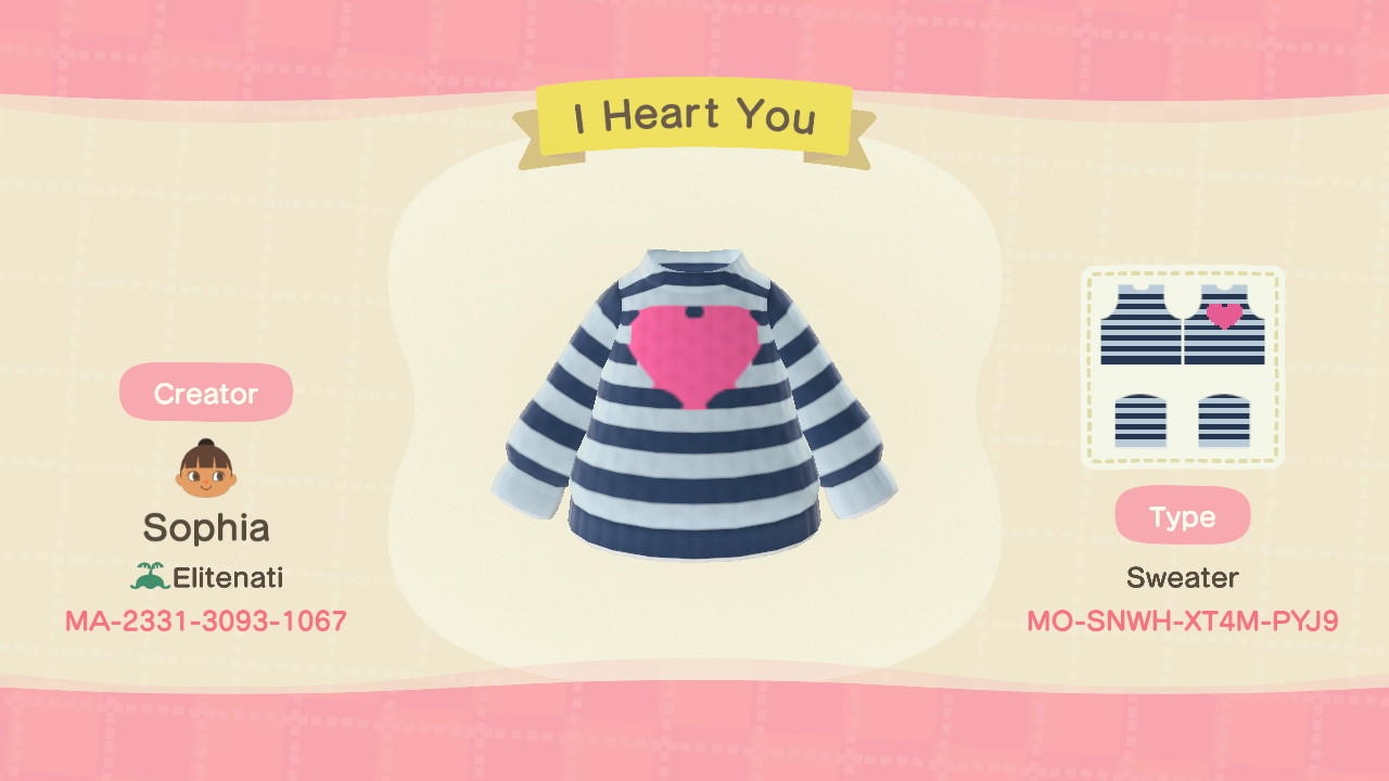 Animal Crossing Design Code: MO-SNWH-XT4M-PYJ9 I Heart You
