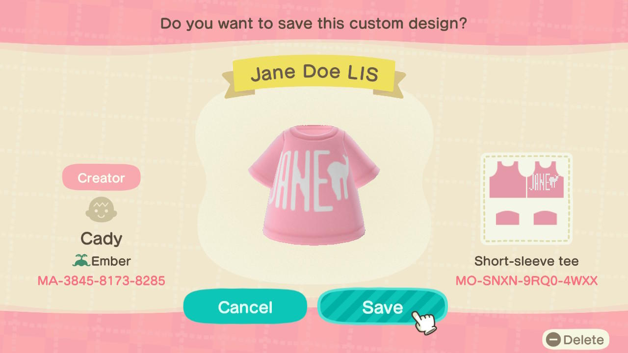 Animal Crossing Design Code: MO-SNXN-9RQ0-4WXX Jane Doe LIS