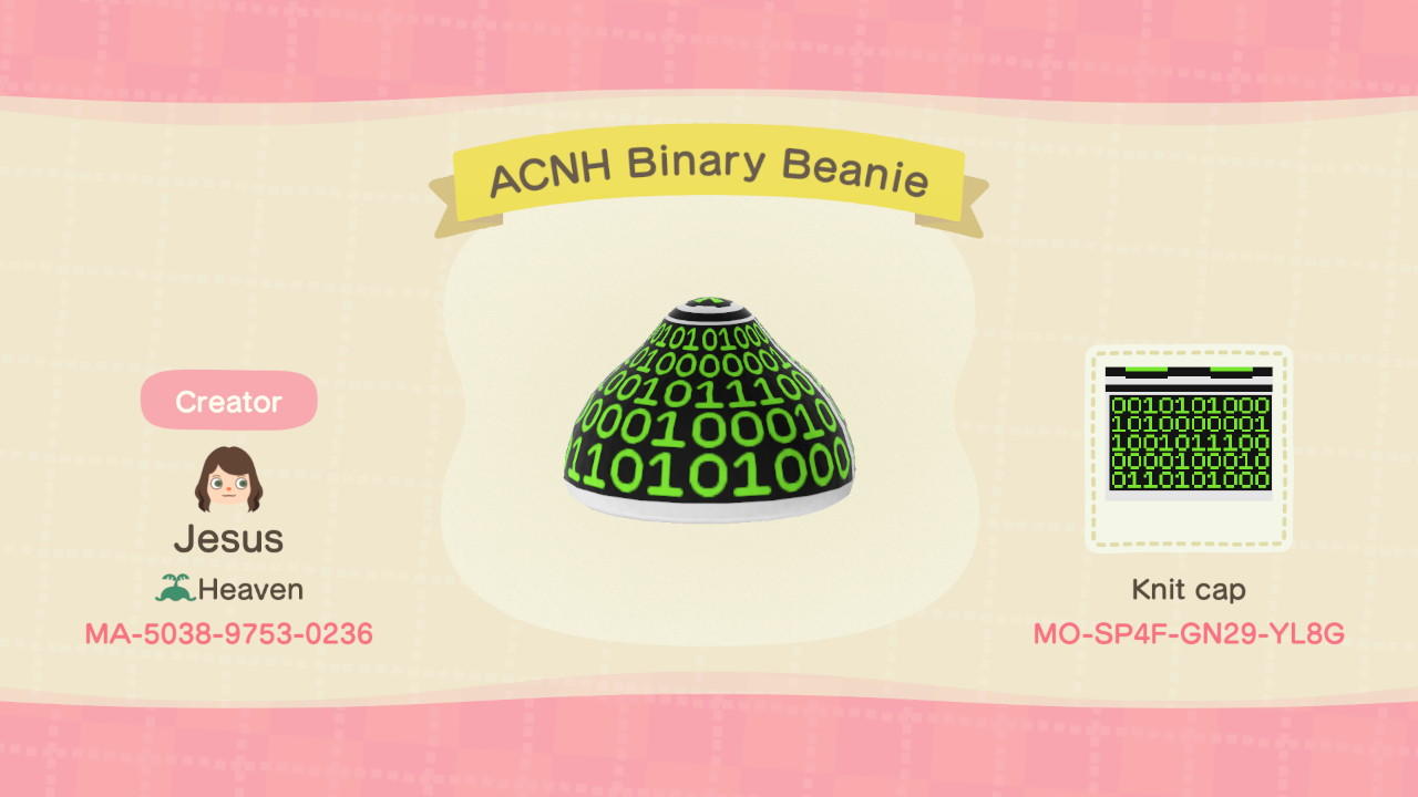 Animal Crossing Design Code: MO-SP4F-GN29-YL8G ACNH Binary Beanie