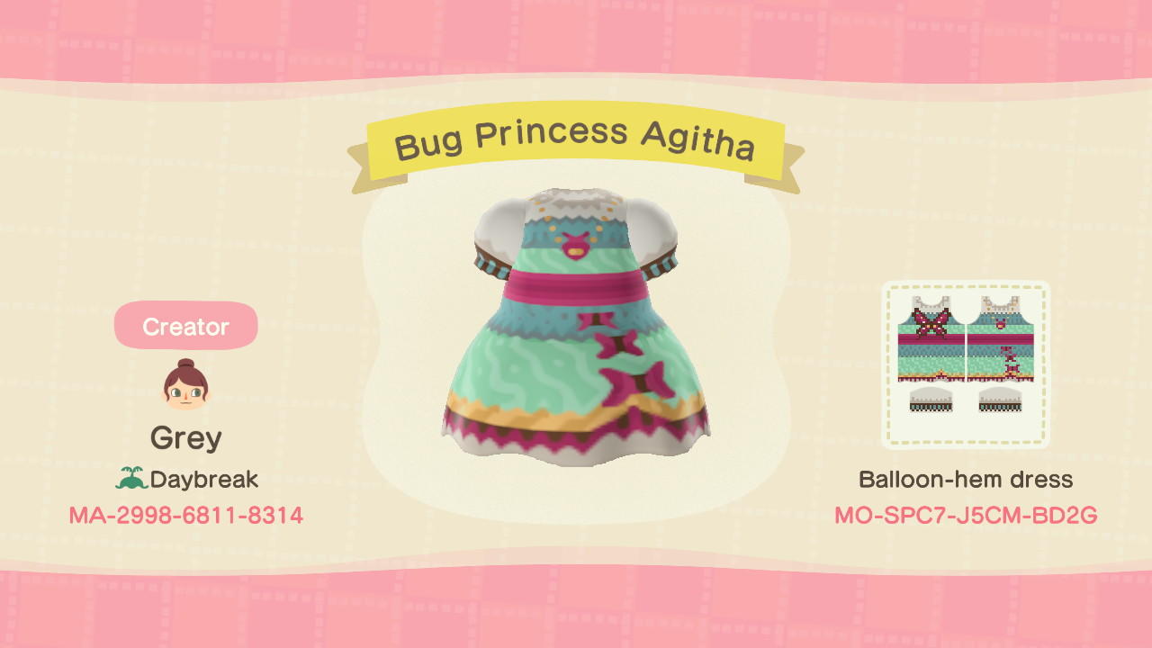 Animal Crossing Design Code: MO-SPC7-J5CM-BD2G Bug Princess Agitha