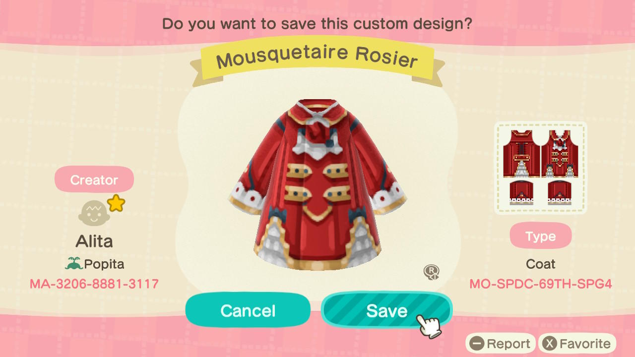 Animal Crossing Design Code: MO-SPDC-69TH-SPG4 Mousequetaire Rosier