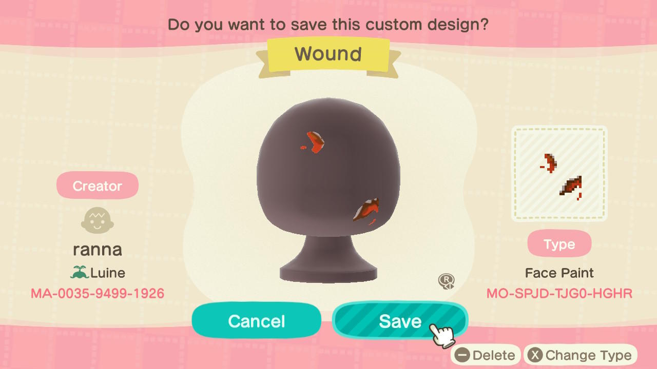 Animal Crossing Design Code: MO-SPJD-TJG0-HGHR Wound