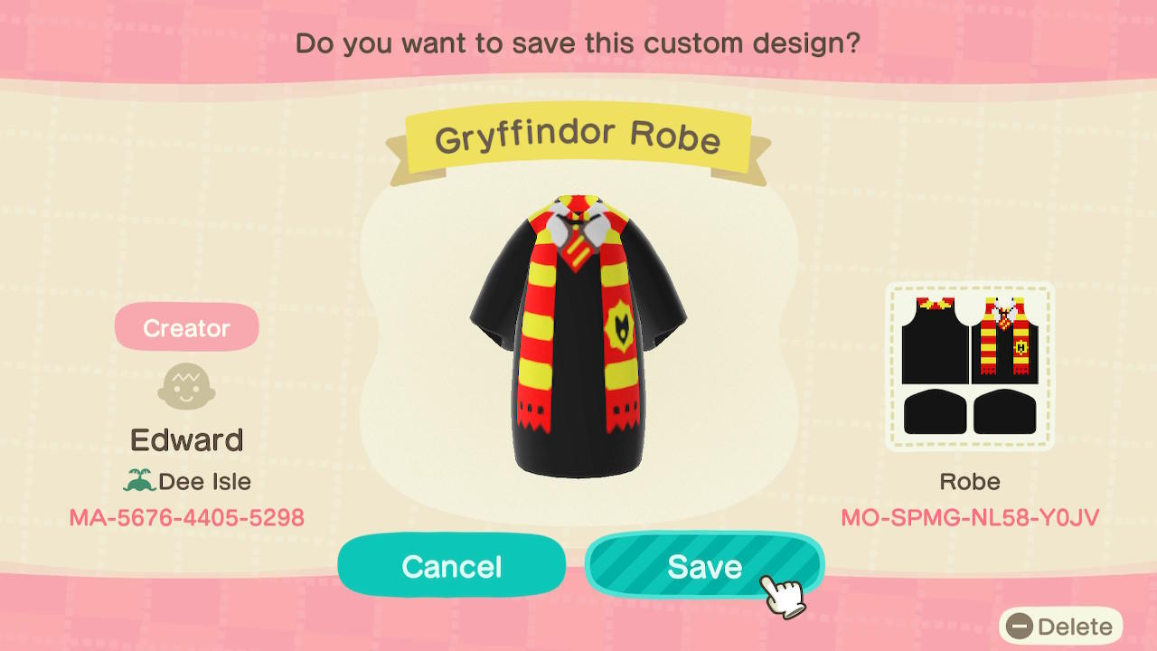 Animal Crossing Design Code: MO-SPMG-NL58-Y0JV Gryffindor Robe