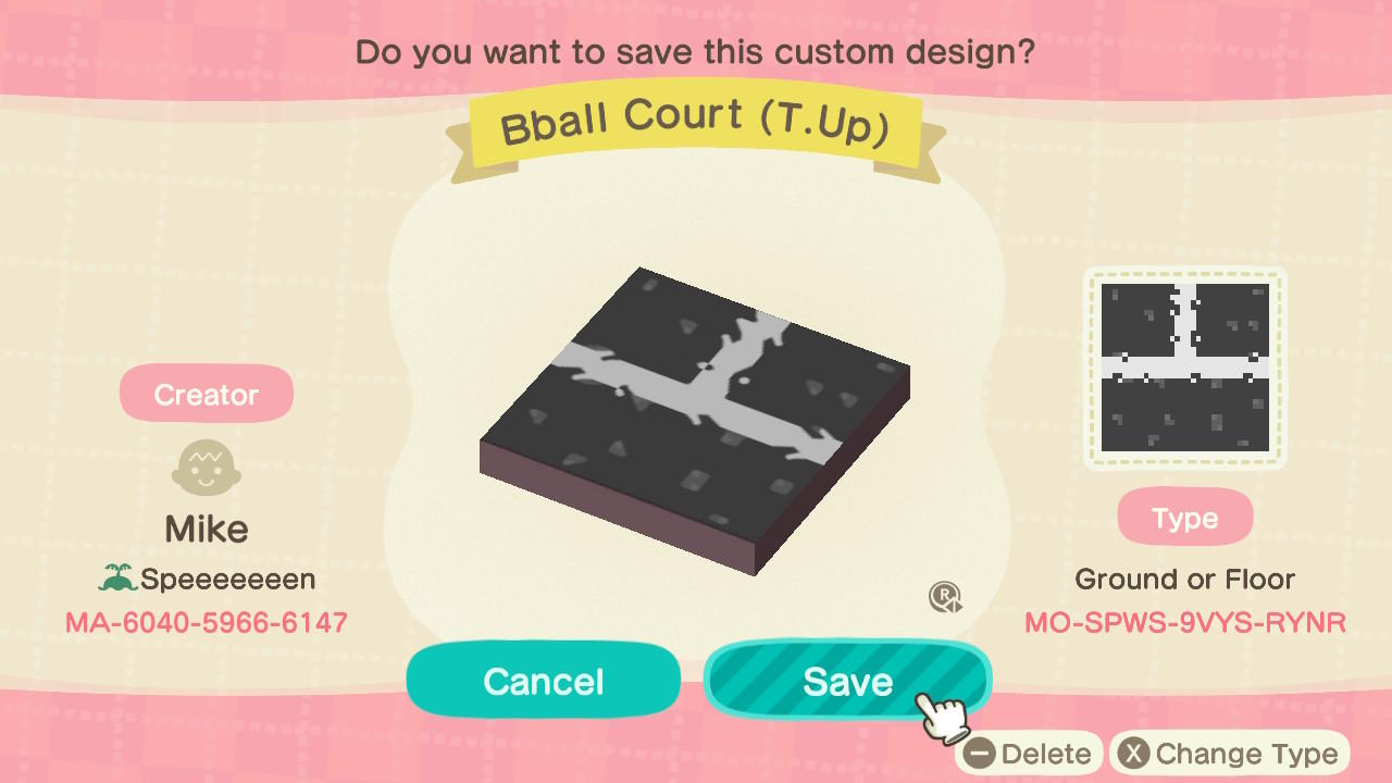 Animal Crossing Design Code: MO-SPWS-9VYS-RYNR Bball Court (T.Up)