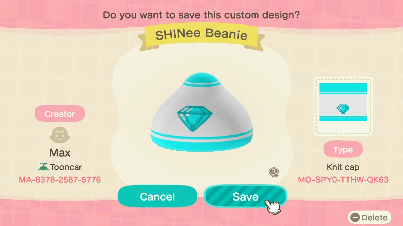 Animal Crossing Design Code: MO-SPY0-TTHW-QK63 SHINee Beanie