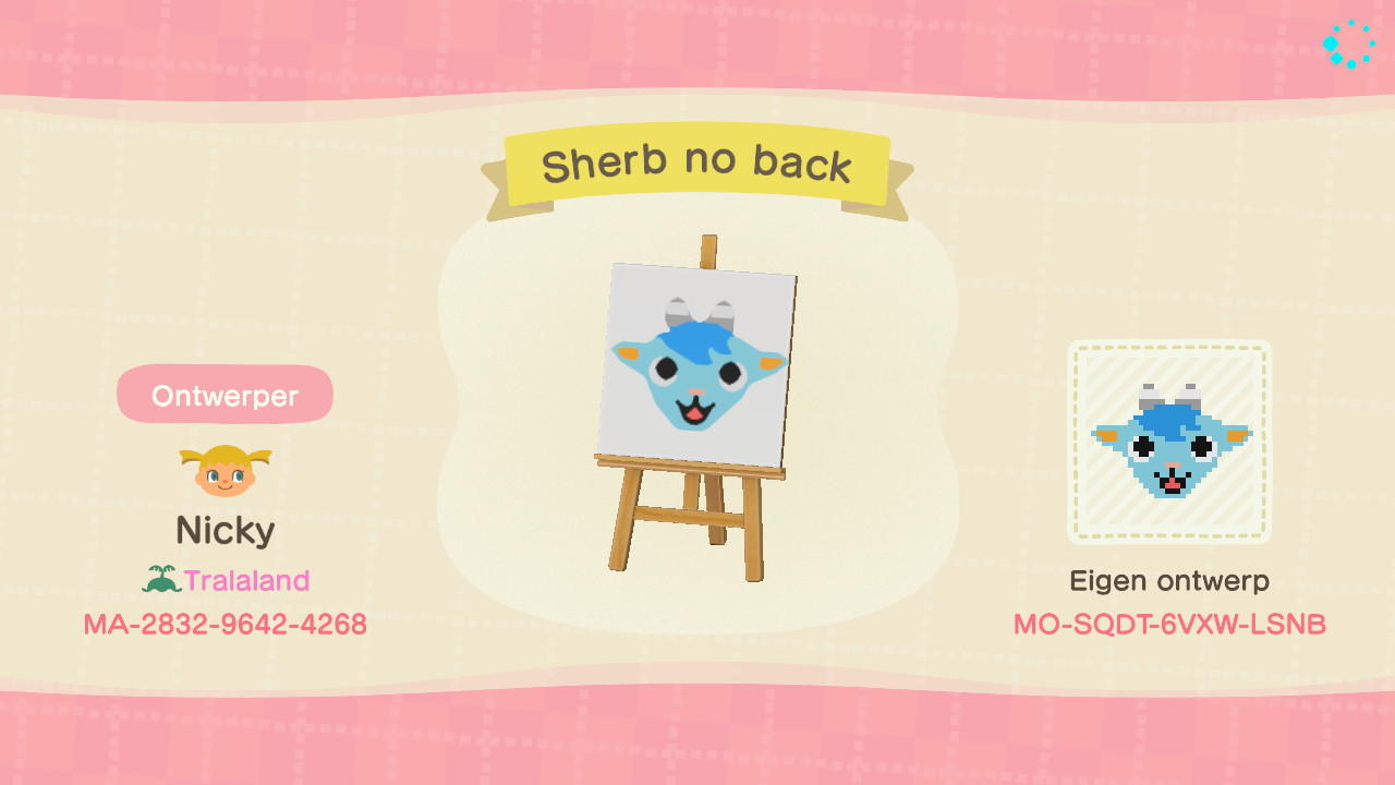 Animal Crossing Design Code: MO-SQDT-6VXW-LSNB Sherb no back