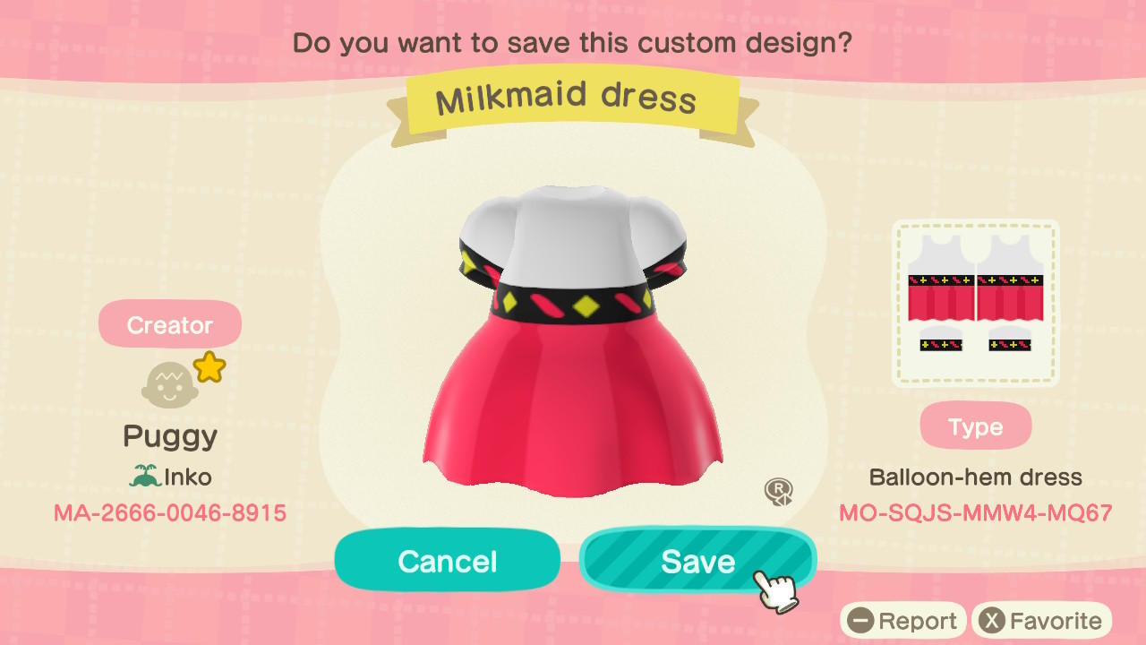 Animal Crossing Design Code: MO-SQJS-MMW4-MQ67 Milkmaid Dress