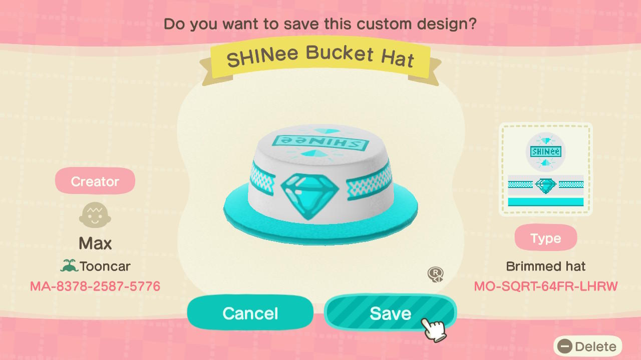 Animal Crossing Design Code: MO-SQRT-64FR-LHRW SHINee Bucket Hat