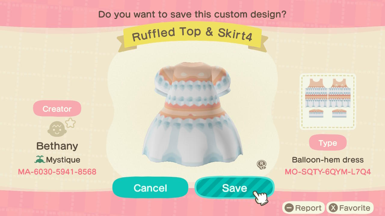 Animal Crossing Design Code: MO-SQTY-6QYM-L7Q4 Ruffled Top & Skirt4