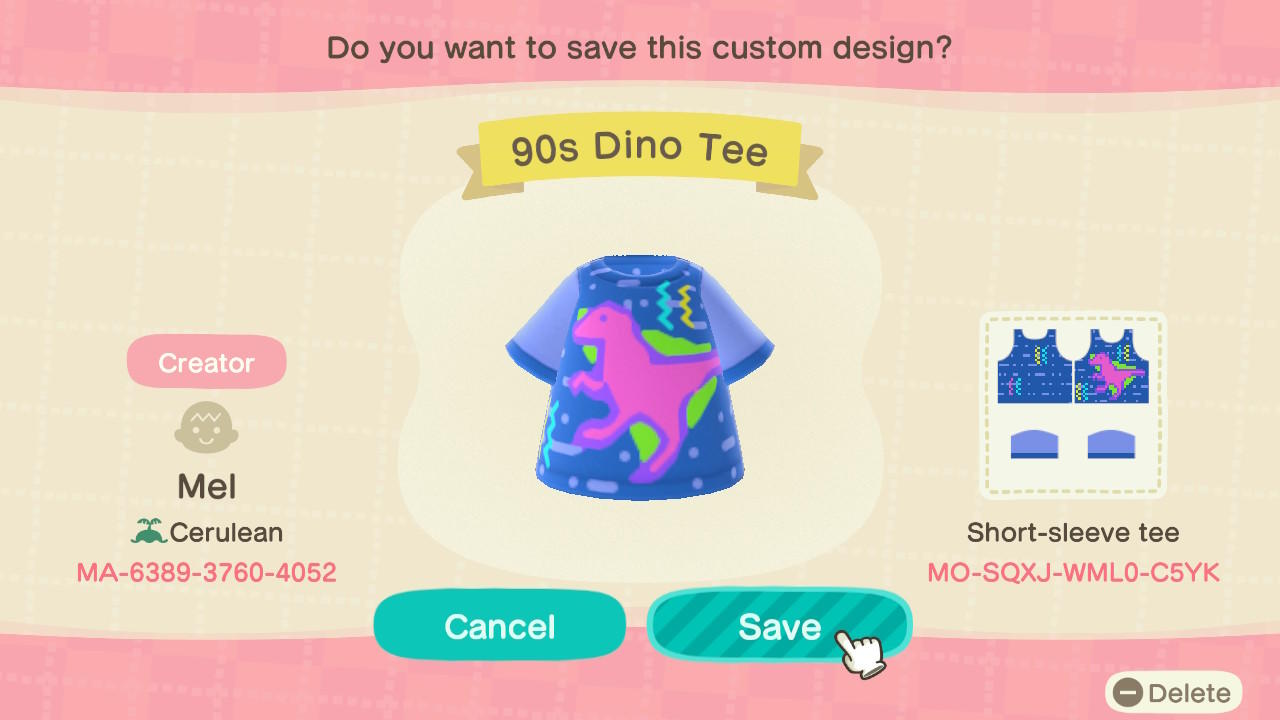 Animal Crossing Design Code: MO-SQXJ-WML0-C5YK 90s Dino Tee