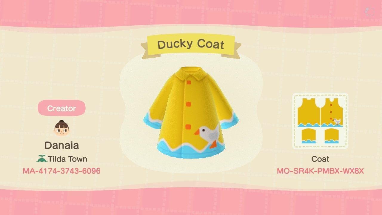 Animal Crossing Design Code: MO-SR4K-PMBX-WX8X Ducky Coat