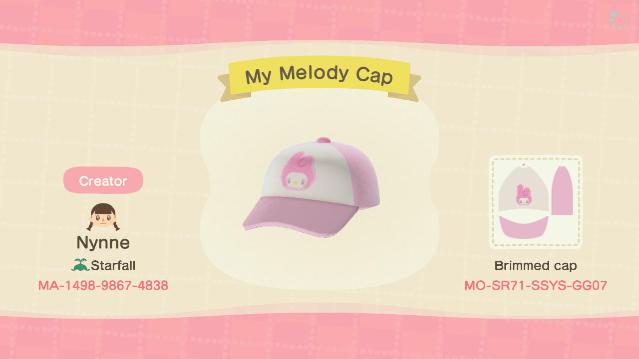 Animal Crossing Design Code: MO-SR71-SSYS-GG07 My Melody Cap