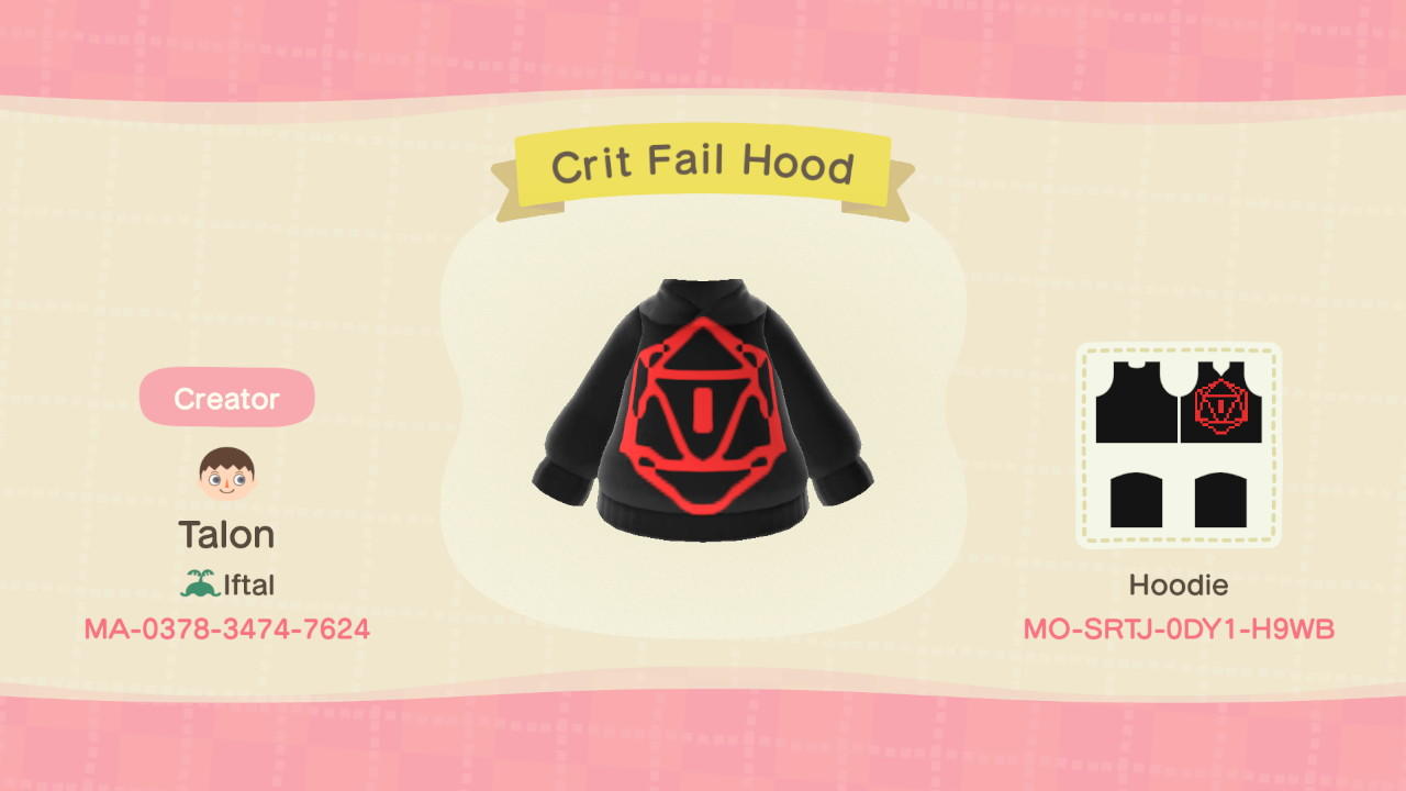 Animal Crossing Design Code: MO-SRTJ-0DY1-H9WB Crit Fail Hood