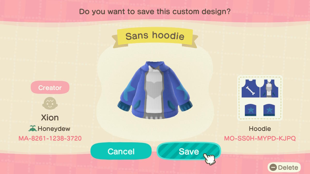 Animal Crossing Design Code: MO-SS0H-MYPD-KJPQ Sans Hoodie