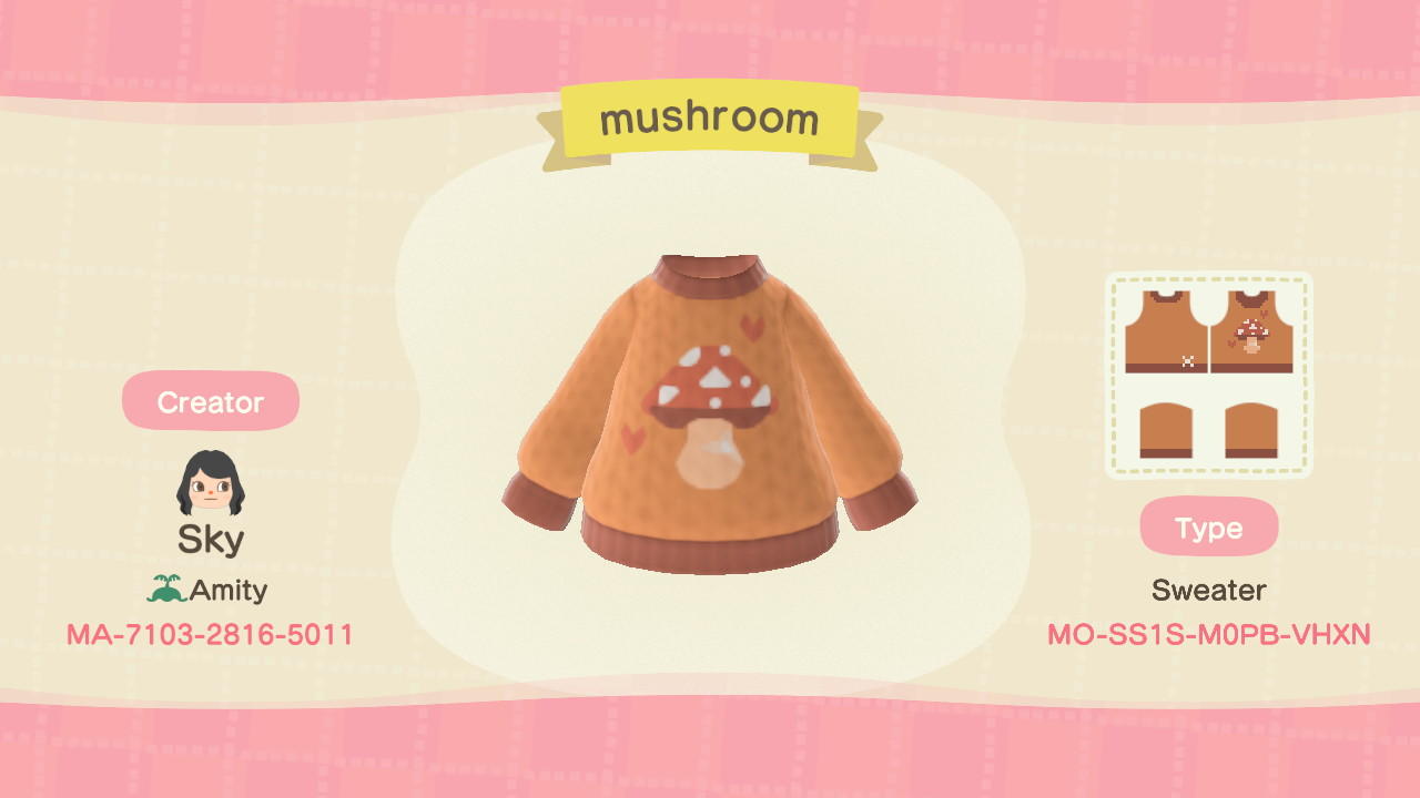 Animal Crossing Design Code: MO-SS1S-M0PB-VHXN Mushroom Sweater