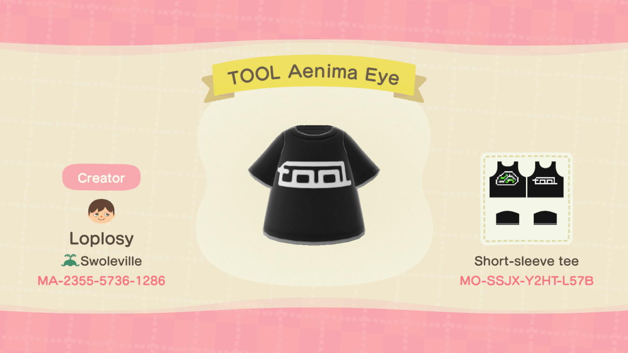 Animal Crossing Design Code: MO-SSJX-Y2HT-L57B Tool Aenima Eye Shir