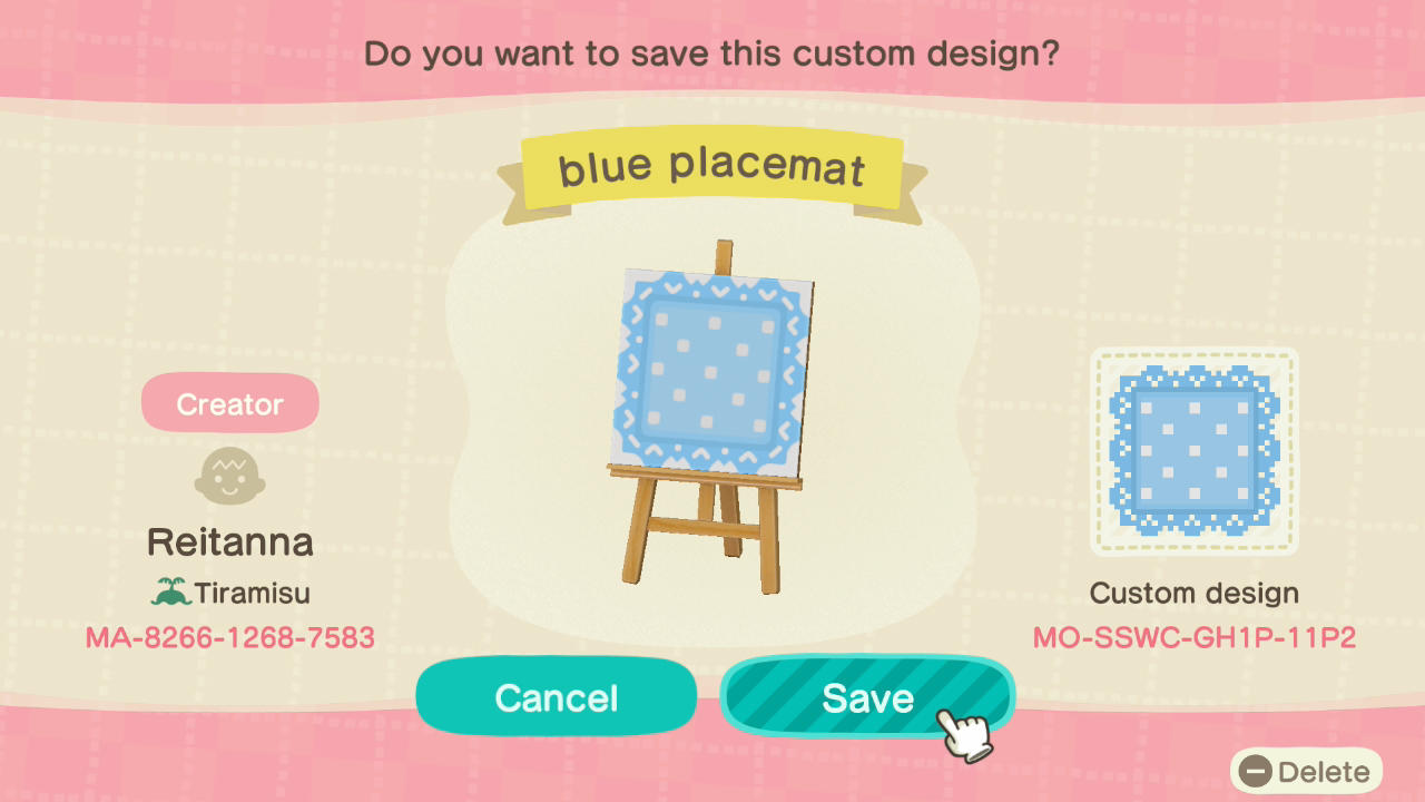 Animal Crossing Design Code: MO-SSWC-GH1P-11P2 blue placemat