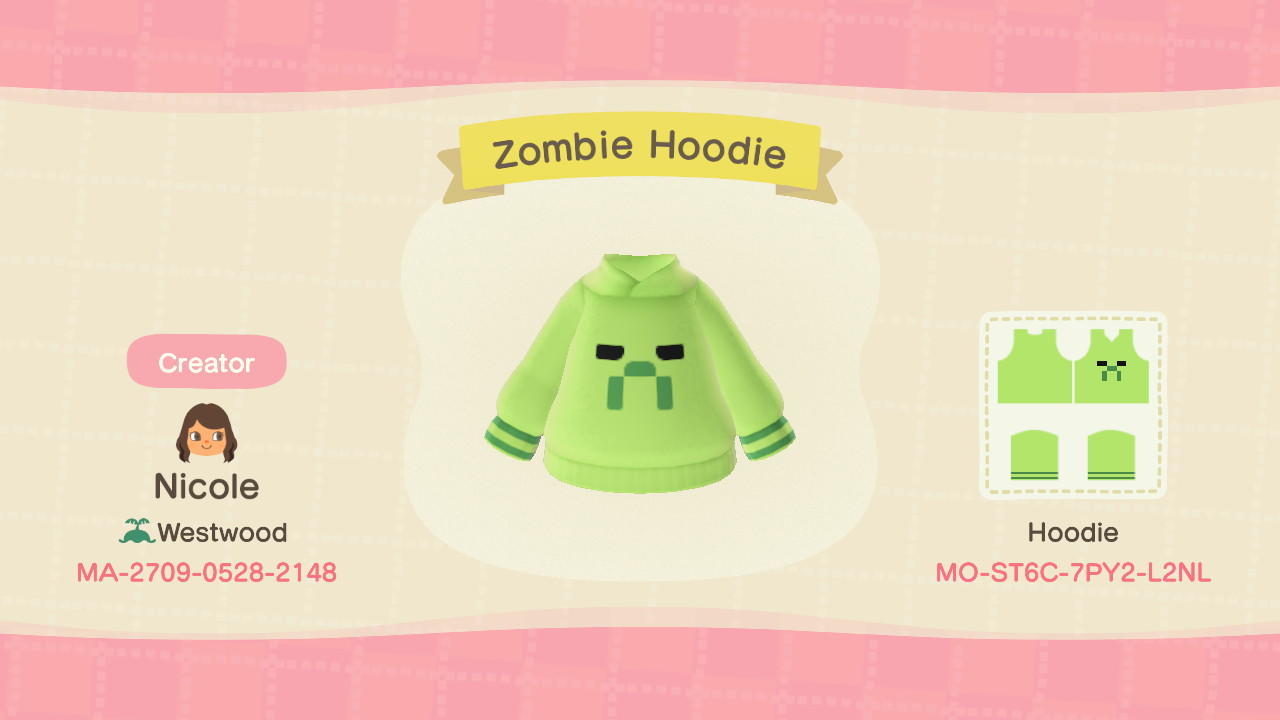 Animal Crossing Design Code: MO-ST6C-7PY2-L2NL Zombie Hoodie