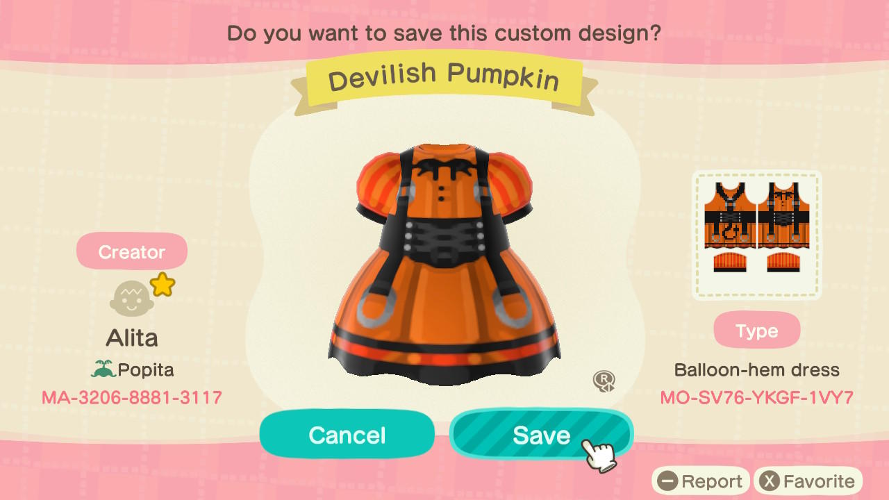 Animal Crossing Design Code: MO-SV76-YKGF-1VY7 Devilish Pumpkin