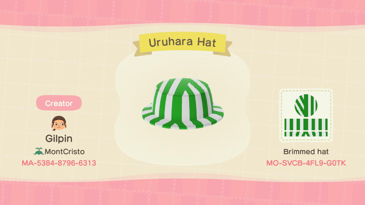 Animal Crossing Design Code: MO-SVCB-4FL9-G0TK Urahara Hat