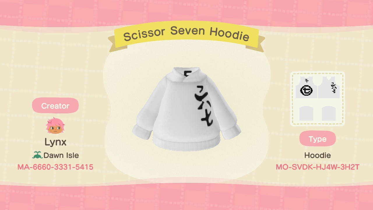 Animal Crossing Design Code: MO-SVDK-HJ4W-3H2T Scissor Seven Hoodie