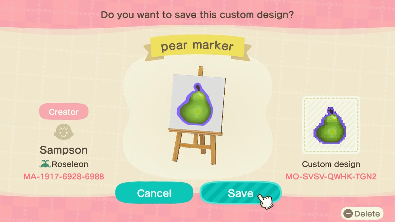 Animal Crossing Design Code: MO-SVSV-QWHK-TGN2 pear marker