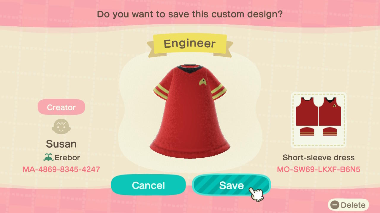Animal Crossing Design Code: MO-SW69-LKXF-B6N5 Star Trek - Enginee