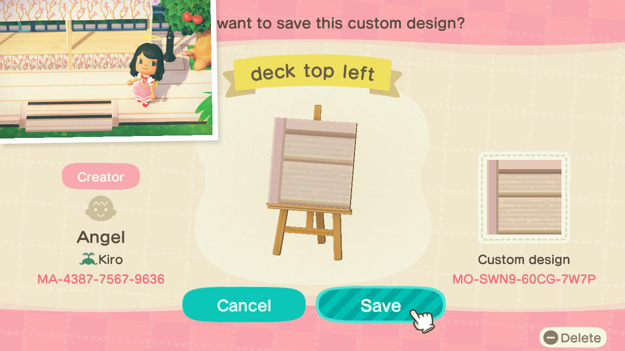 Animal Crossing Design Code: MO-SWN9-60CG-7W7P deck top left