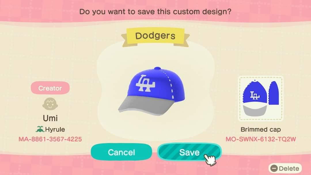 Animal Crossing Design Code: MO-SWNX-6132-TQ2W Dodgers Hat