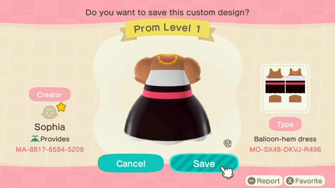 Animal Crossing Design Code: MO-SX48-DKVJ-R496 Prom Level 1