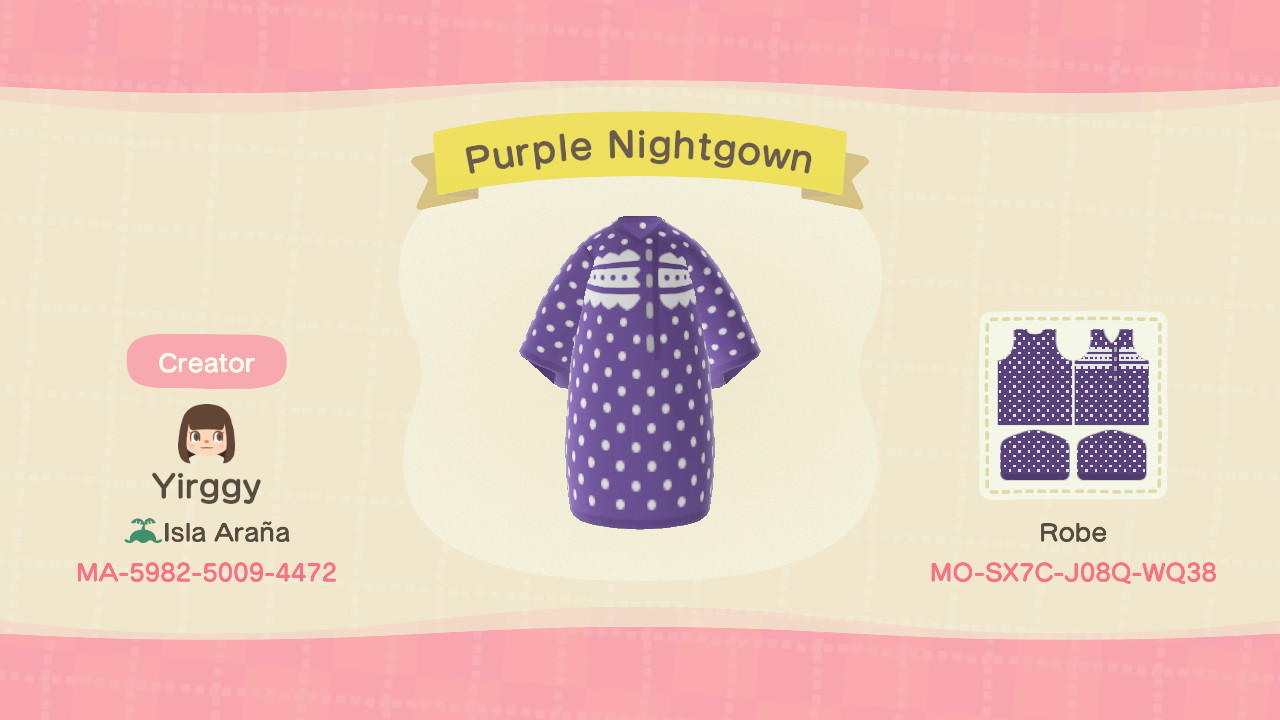 Animal Crossing Design Code: MO-SX7C-J08Q-WQ38 Purple Nightgown