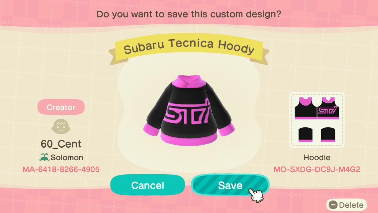Animal Crossing Design Code: MO-SXDG-DC9J-M4G2 Subaru Technica Hood