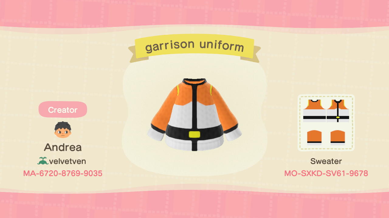 Animal Crossing Design Code: MO-SXKD-SV61-9678 Garrison uniform vld