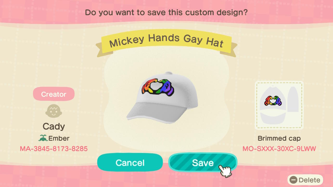 Animal Crossing Design Code: MO-SXXX-30XC-9LWW Mickey Hands Gay Hat